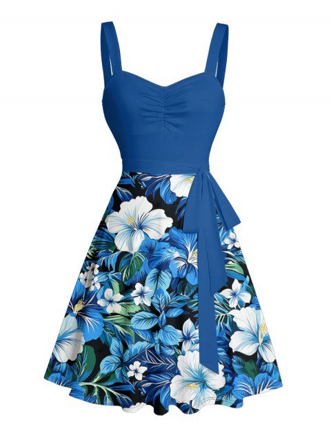 Mini Robe de Vacances Ligne A Motif de Feuille Fleurie Partout à Volants