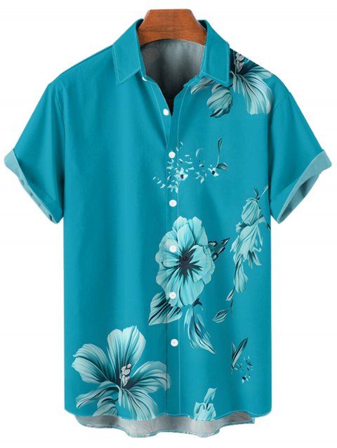 Chemise Décontractée Motif de Feuille D'Hibiscus Boutonnée à Manches Courtes pour Homme