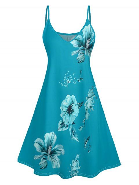 Mini Robe Ligne A Motif de Feuille D'Hibiscus à Bretelle Fine