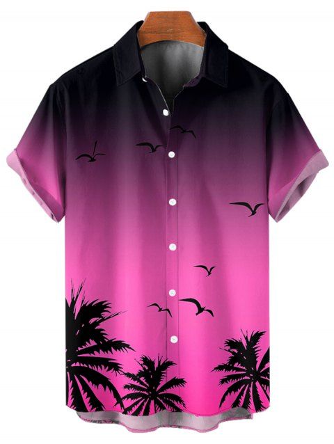 Chemise de Plage Jointif Motif Mouettes et Cocotier à Manches Roulées pour Hommes