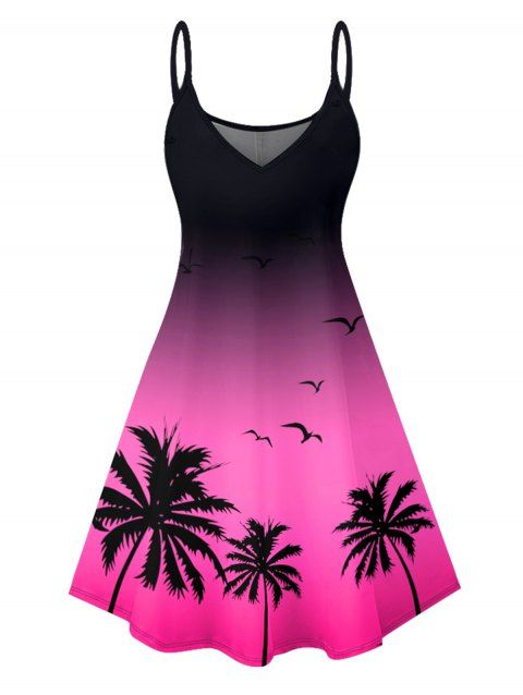 Mini Robe Ligne A Ombrée Motif de Mouettes et de Cocotier à Bretelle Fine