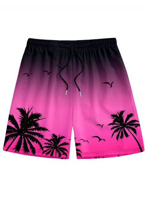 Men's Ombre Coconut Tree Seagull Pattern Drawstrings Shorts Elastic Waist Board Beach Shorts