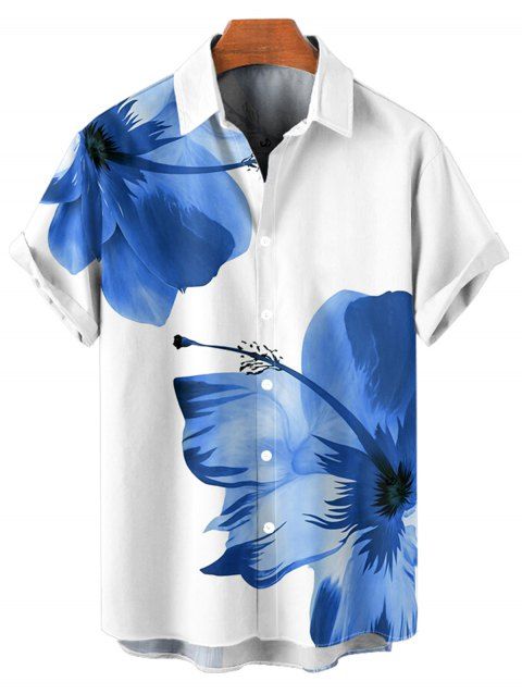 Chemise de Plage Motif de Fleur Tropicale Boutonnée à Manches Roulées pour Homme