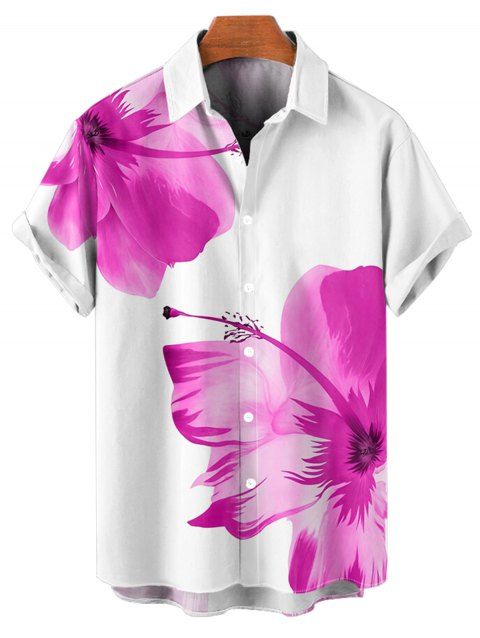 Chemise de Plage Motif de Fleur Tropicale Boutonnée à Manches Roulées pour Homme