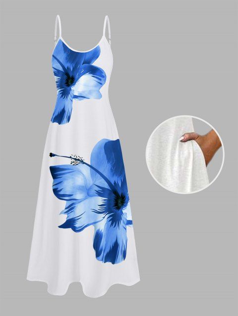 Robe de Plage Longue Ligne A Motif Tropical à Bretelle Fine avec Poche