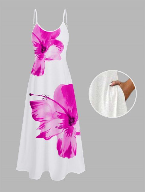 Robe de Plage Longue Ligne A Motif Tropical à Bretelle Fine avec Poche