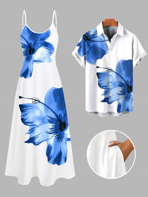 Vacation Couple Outfit Tropical Floral Pattern Spaghetti Strap Pocket A Line Dress and Roll Up Sleeve Shirt Matching Outfit