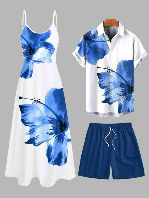 Vacation Couple Outfit Tropical Floral Pattern Spaghetti Strap Pocket A Line Long Dress and Roll Up Sleeve Solid Color Drawstrings Shorts Matching Outfit