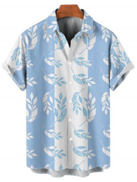 Chemise de Vacances Décontractée Motif de Feuille en Couleur Contrastée Boutonnée à Manches Courtes
