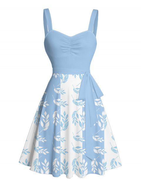 Contrast Color Leaf Pattern Ruched Bust Vacation Belt Dress Sweetheart Neck A Line Mini Dress
