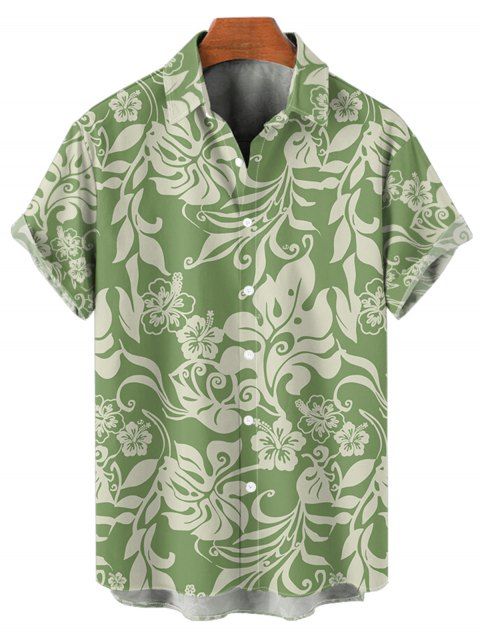 Chemise de Vacances Décontractée Motif de Fleur D'Hibiscus à Manches Courtes à Col Relevé