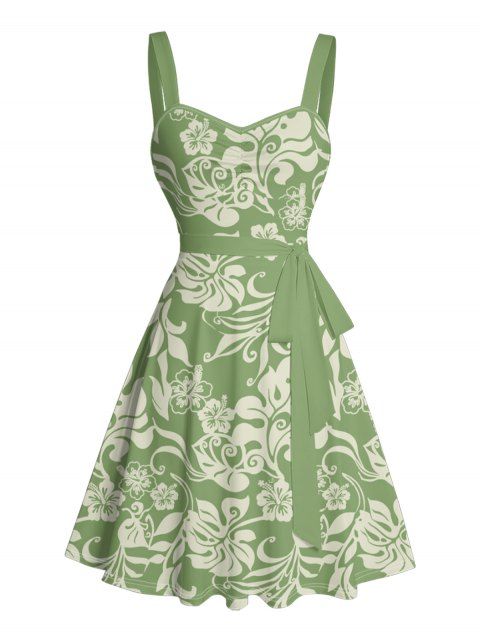 Mini Robe de Vacances Ligne A Motif de Fleur Au Poitrine Ceinturée à Volants