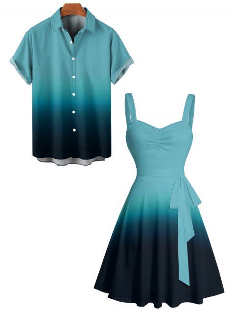 Casual Couple Outfit Ombre Ruched Bust Belt Sweetheart Neck A Line Mini Dress and Roll Up Sleeve Shirt Matching Outfit