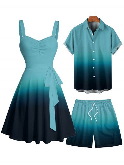 Vacation Couple Outfit Ombre Ruched Bust Belt Sweetheart Neck Empire Waist A Line Mini Dress and Roll Up Sleeve Shirt Drawstring Shorts Beach Matching Outfit