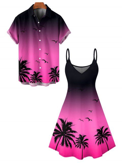 Vacation Couple Outfit Ombre Coconut Tree Seagulls Pattern Spaghetti Strap V Neck A Line Mini Tank Dress and Roll Up Sleeve Shirt Beach Matching Outfit