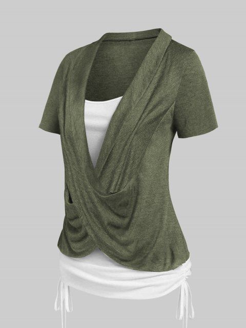 T-shirt Chiné Contrasté Croisé en Blocs de Couleurs à Manches Courtes Faux Deux Pièces