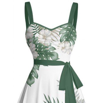 Tropical Plant Leaf Floral Pattern Ruched Bust Belt Vacation Dress Sweetheart Neck A Line Mini Dress