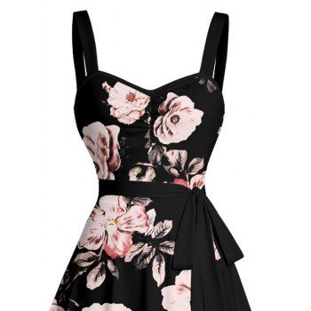 Flower Leaf Pattern Ruched Bust Vacation Belt Dress A Line Sweetheart Neck Sleeveless Mini Dress