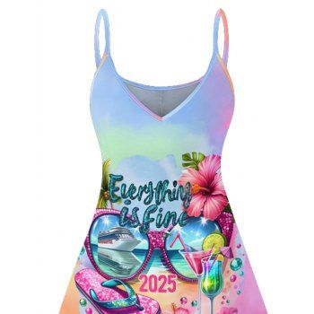 Tie Dye Hibiscus Floral Letter Sunglasses Ship Pattern Beach Elements Vacation Dress Spaghetti Strap V Neck A Line Mini Tank Dress