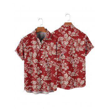 Men's Allover Hibiscus Floral Leaf Pattern Vacation Shirt Roll Up Short Sleeve Button Up Vintage Shirt