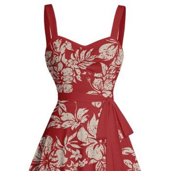 Allover Hibiscus Floral Leaf Pattern Vacation Belt Dress Ruched Bust Sweetheart Neck A Line Mini Vintage Dress
