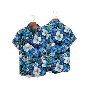 Men's Allover Leaf Hibiscus Floral Pattern Vacation Shirt Roll Up Short Sleeve Button Up Casual Shirt