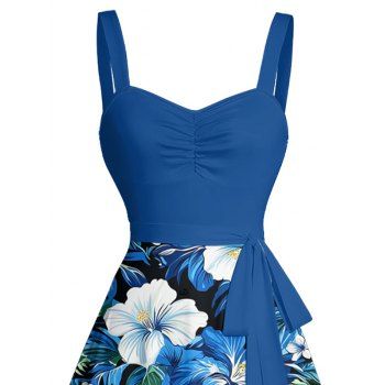 Allover Hibiscus Floral Leaf Pattern Ruched Bust Vacation Belt Dress Sweetheart Neck A Line Mini Dress