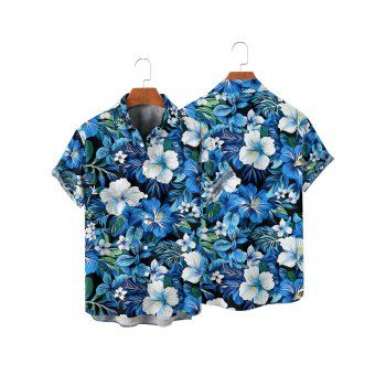 Vacation Couple Outfit Allover Hibiscus Floral Leaf Pattern Ruched Bust Belt Sweetheart Neck A Line Mini Dress and Roll Up Sleeve Shirt Beach Matching Outfit