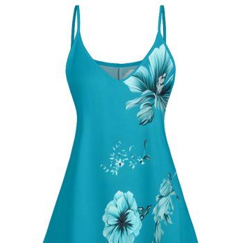 Leaf Hibiscus Floral Pattern Vacation Dress Spaghetti Strap V Neck A Line Mini Tank Dress