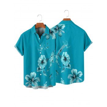 Vacation Couple Outfit Leaf Hibiscus Floral Pattern Spaghetti Strap V Neck A Line Mini Tank Dress and Roll Up Sleeve Shirt Casual Matching Outfit