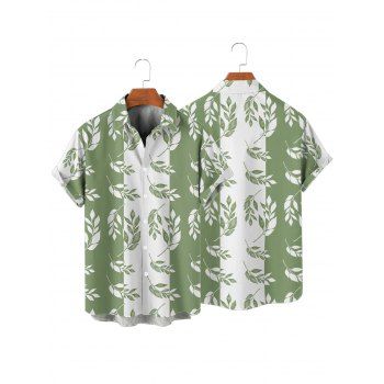 Men's Contrast Color Leaf Pattern Vacation Shirt Roll Up Short Sleeve Button Up Casual Shirt