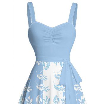 Contrast Color Leaf Pattern Ruched Bust Vacation Belt Dress Sweetheart Neck A Line Mini Dress