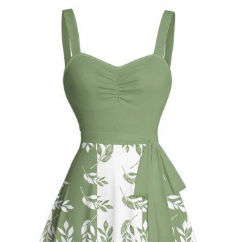 Contrast Color Leaf Pattern Ruched Bust Vacation Belt Dress Sweetheart Neck A Line Mini Dress