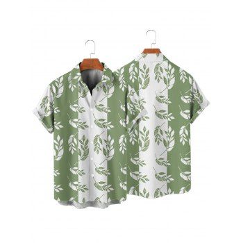 Vacation Couple Outfit Contrast Color Leaf Pattern Ruched Bust Belt A Line Mini Dress and Roll Up Sleeve Shirt Casual Matching Outfit