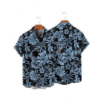 Vacation Couple Outfit Allover Hibiscus Floral Pattern Belt Ruched Bust Sweetheart Neck A Line Mini Dress and Roll Up Sleeve Shirt Casual Matching Outfit