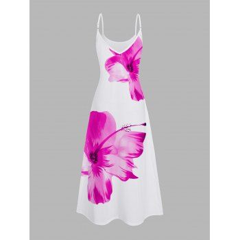 Vacation Couple Outfit Tropical Floral Pattern Spaghetti Strap Pocket A Line Long Dress and Roll Up Sleeve Solid Color Drawstrings Shorts Matching Outfit