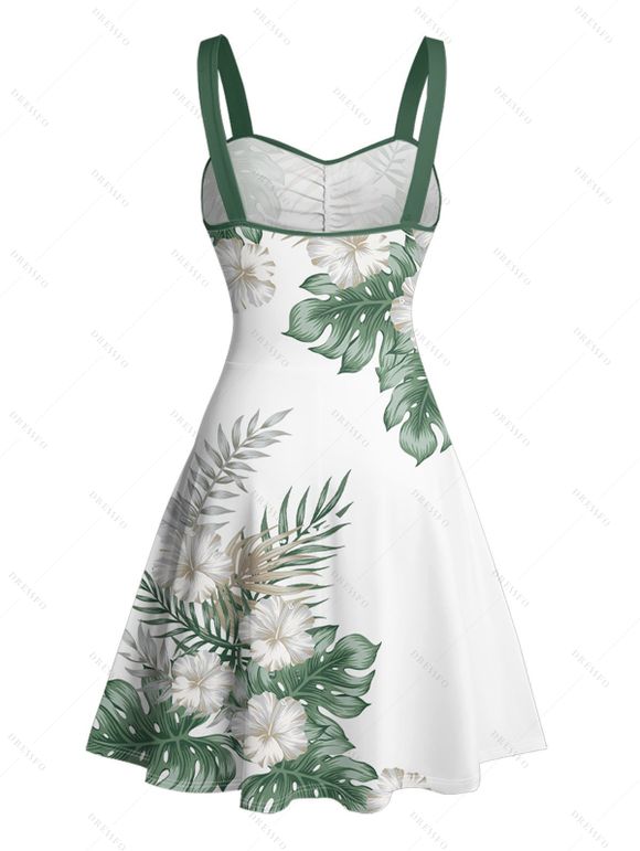 Mini Robe de Vacances Ligne A Motif de Feuille Tropicale Ceinturée Au Poitrine - Vert L | US 8-10