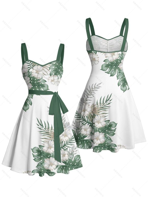 Mini Robe de Vacances Ligne A Motif de Feuille Tropicale Ceinturée Au Poitrine - Vert L | US 8-10