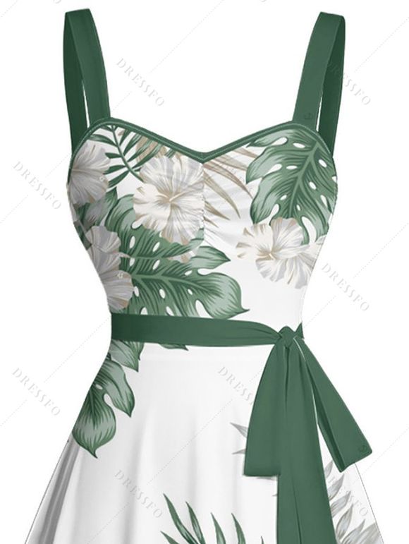 Mini Robe de Vacances Ligne A Motif de Feuille Tropicale Ceinturée Au Poitrine - Vert L | US 8-10