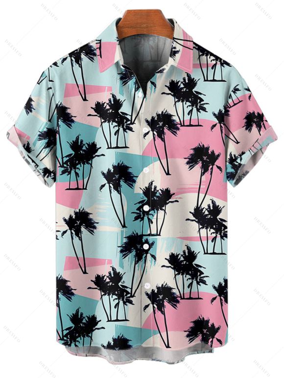 Vacation Couple Outfit Allover Coconut Tree Geometric Colorblock Pattern Spaghetti Strap V Neck A Line Mini Tank Dress and Roll Up Sleeve Shirt Beach Matching Outfit - multicolor S | US 4