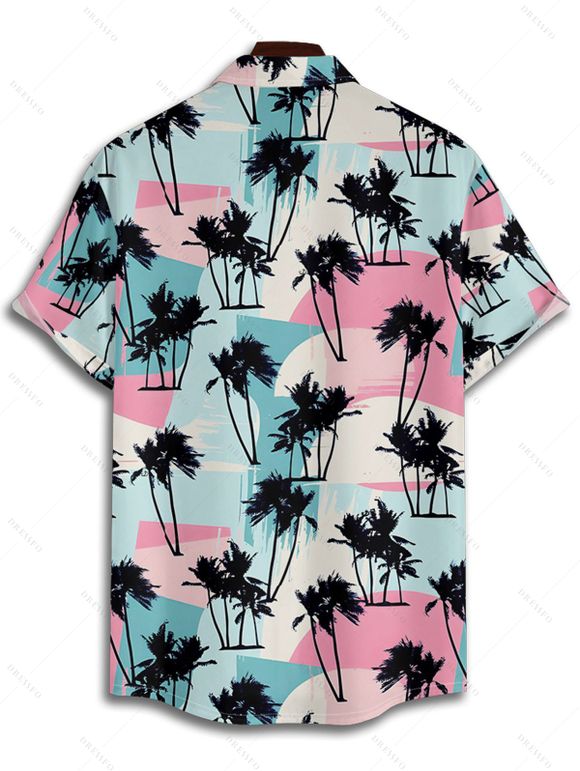 Vacation Couple Outfit Allover Coconut Tree Geometric Colorblock Pattern Spaghetti Strap V Neck A Line Mini Tank Dress and Roll Up Sleeve Shirt Beach Matching Outfit - multicolor S | US 4