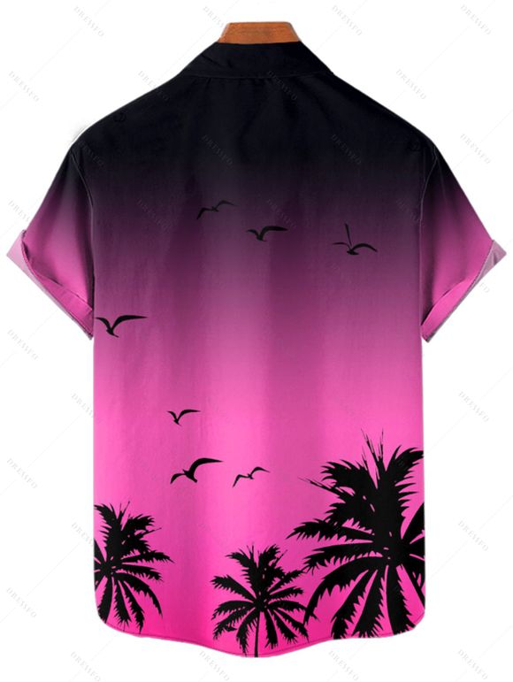 Chemise de Plage Jointif Motif Mouettes et Cocotier à Manches Roulées pour Hommes - Rose clair 4XL