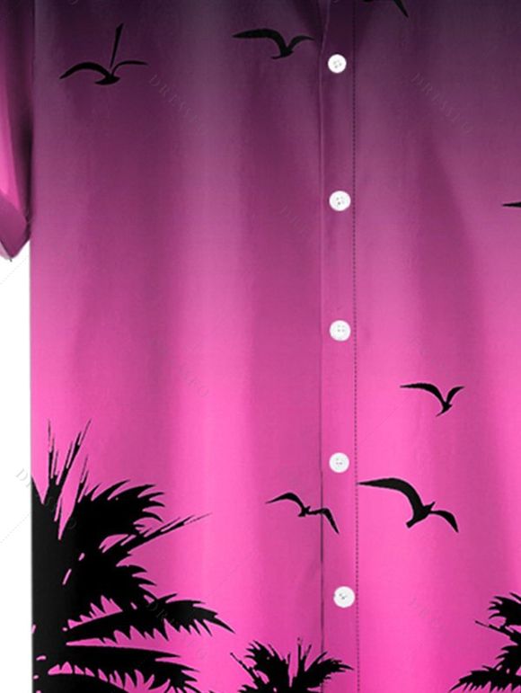 Chemise de Plage Jointif Motif Mouettes et Cocotier à Manches Roulées pour Hommes - Rose clair 4XL