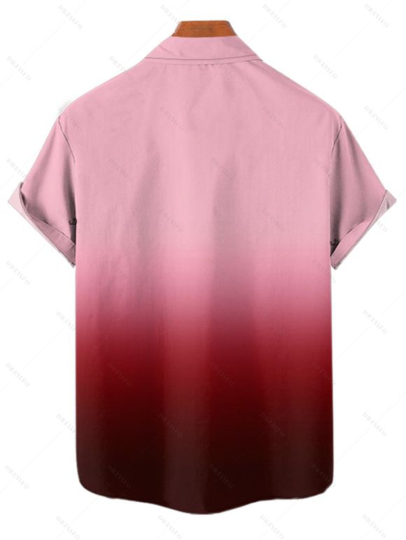 Chemise Décontractée Boutonnée Ombrée Manches Roulées à Col Relevé - Rouge foncé M