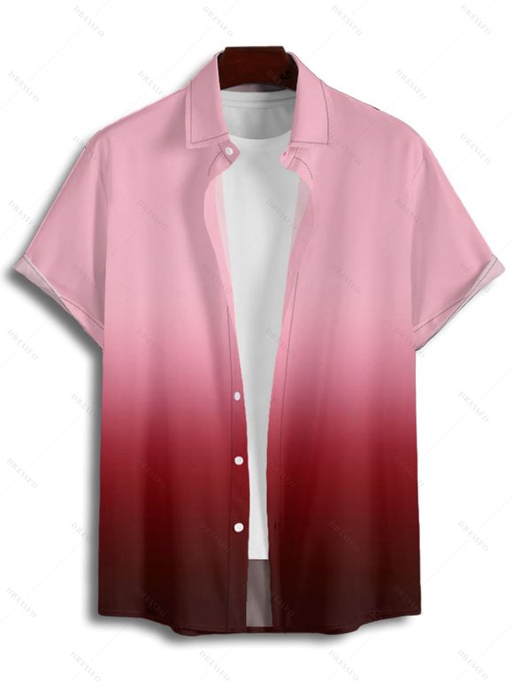 Chemise Décontractée Boutonnée Ombrée Manches Roulées à Col Relevé - Rouge foncé M