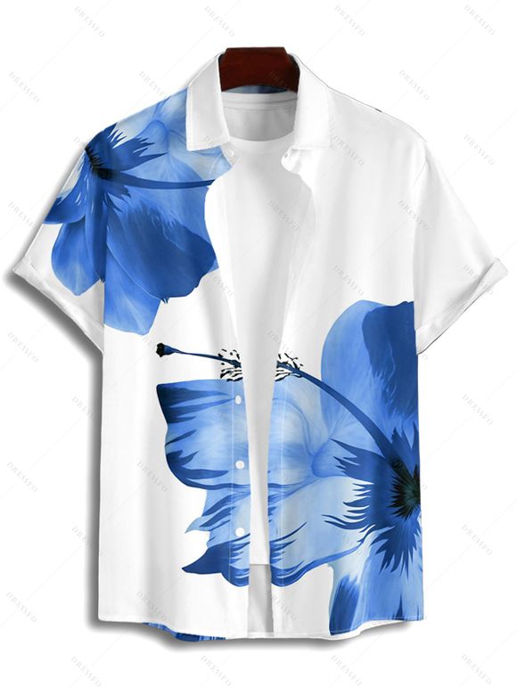 Chemise de Plage Motif de Fleur Tropicale Boutonnée à Manches Roulées pour Homme - Bleu S