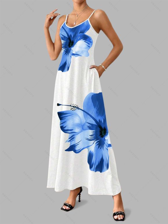 Robe de Plage Longue Ligne A Motif Tropical à Bretelle Fine avec Poche - Bleu XL | US 12