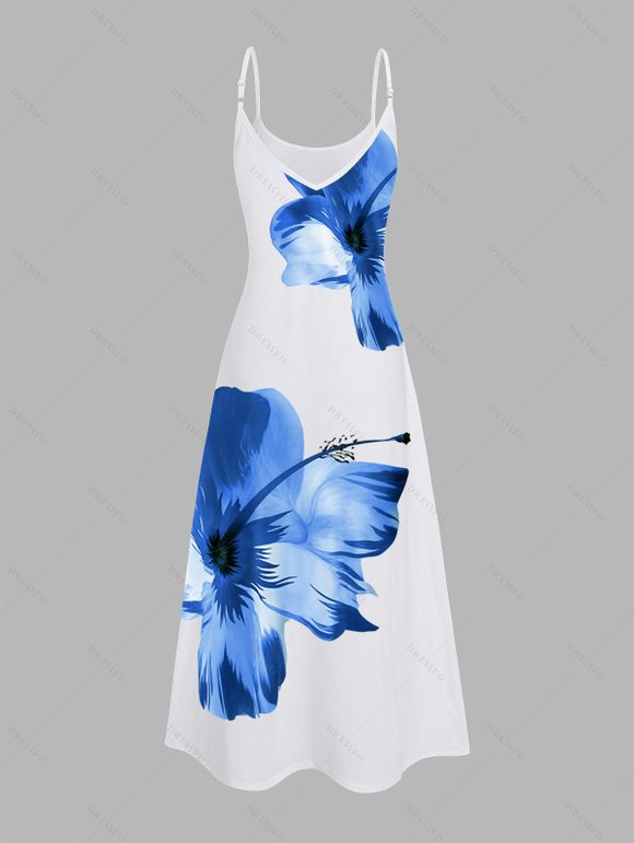 Robe de Plage Longue Ligne A Motif Tropical à Bretelle Fine avec Poche - Bleu XL | US 12