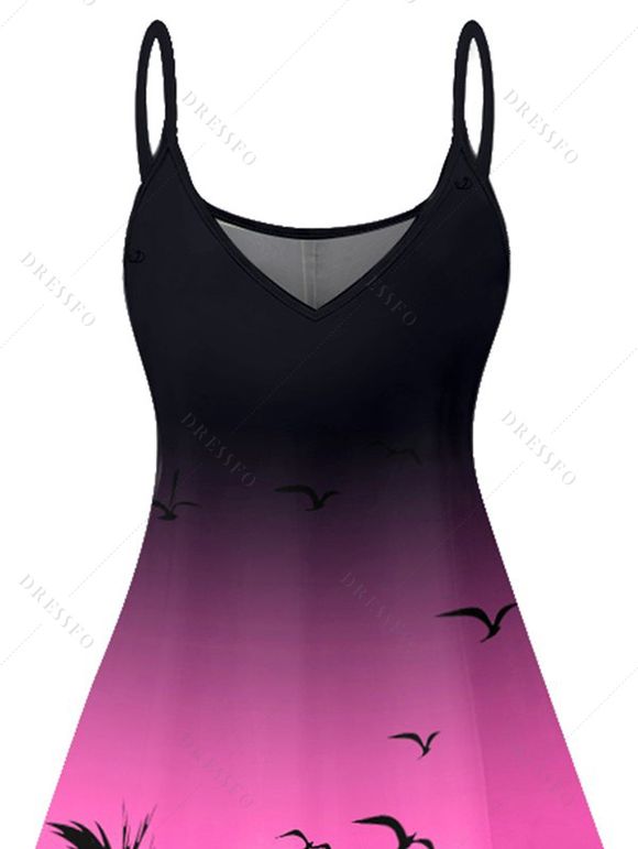 Mini Robe Ligne A Ombrée Motif de Mouettes et de Cocotier à Bretelle Fine - Rose clair L | US 8-10