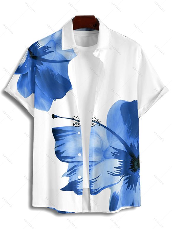 Vacation Couple Outfit Tropical Floral Pattern Spaghetti Strap Pocket A Line Long Dress and Roll Up Sleeve Solid Color Drawstrings Shorts Matching Outfit - Bleu S | US 4